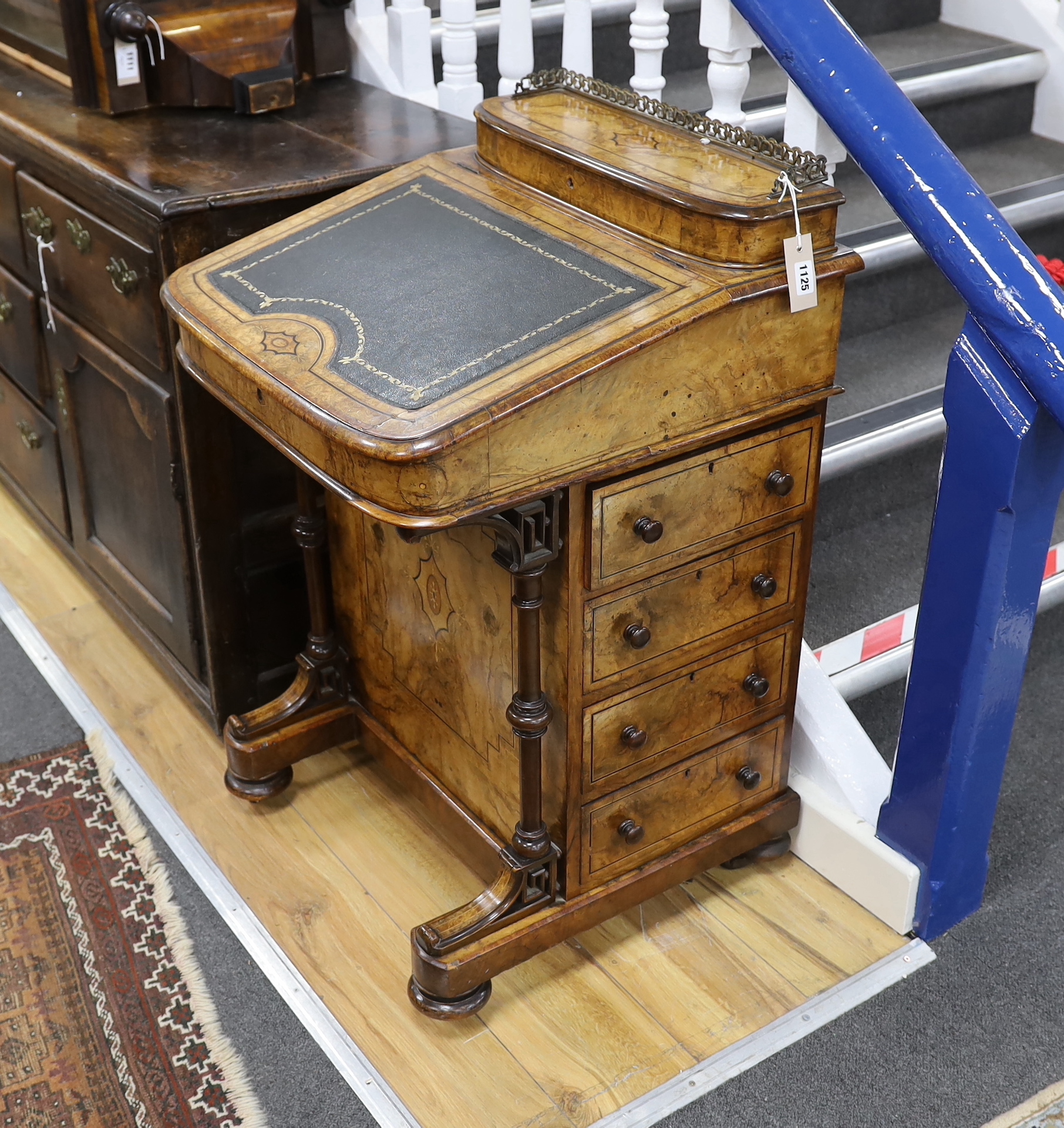 A late Victorian inlaid burr walnut Davenport, width 54cm, depth 54cm, height 88cm